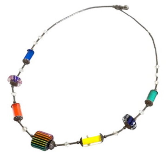 Sterling Silver Beaded Choker Rainbow Art Glass Necklace Modernist Jewelry Artsy - Picture 1 of 13